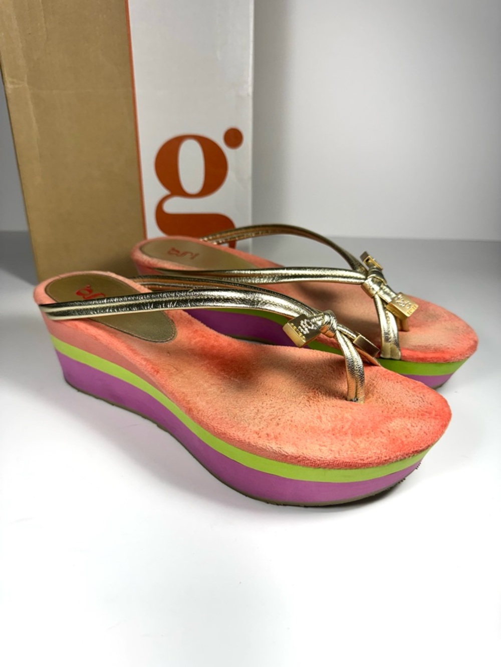 Cole Haan Vintage Platform Wedge Sandal Pink Gold Metallic Flip Flop Women 9 Y2K